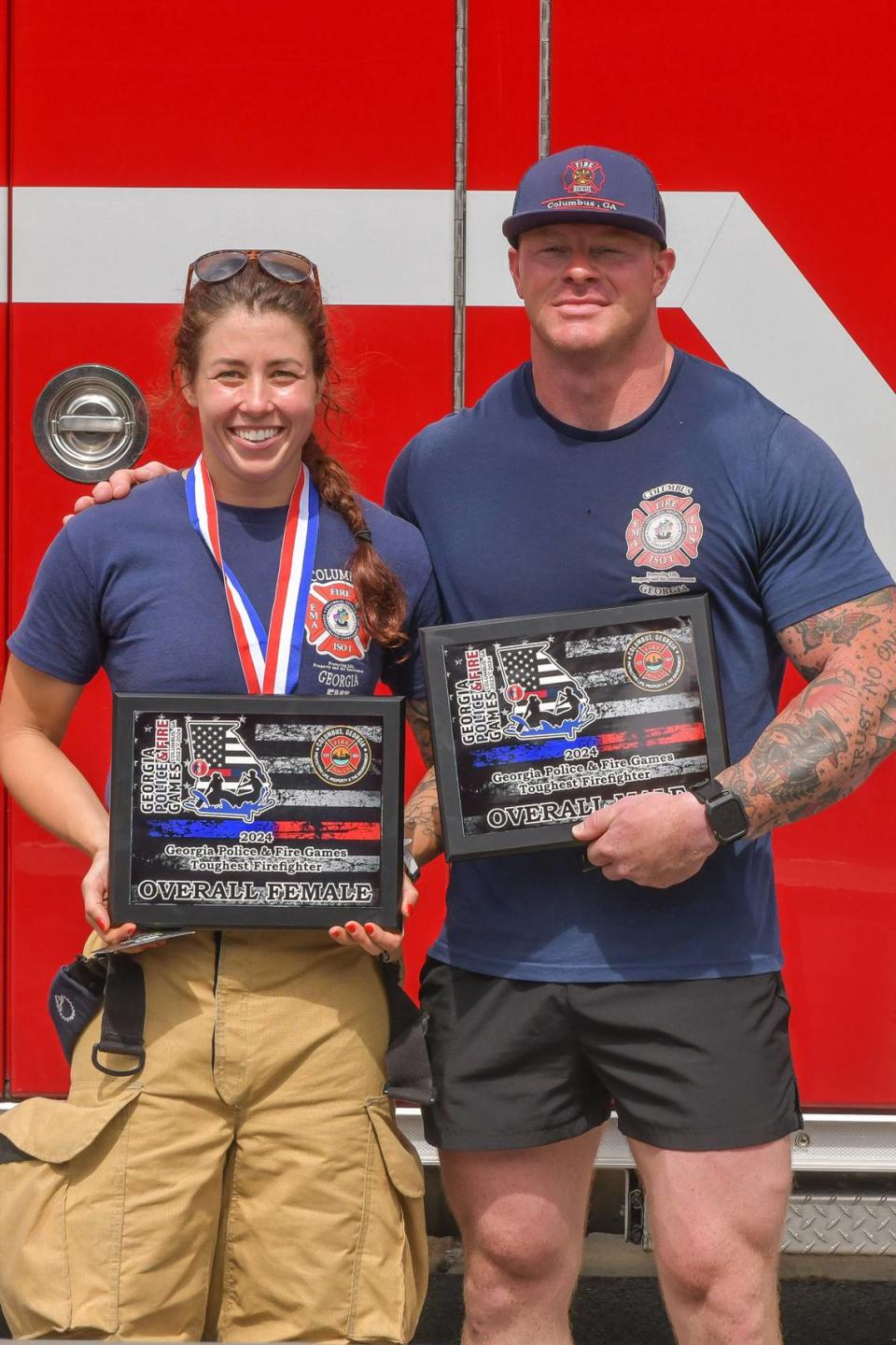 Top Finishers in the Georgia Police and Fire Games Wednesday morning June 19, 2024, Claire Droppleman with a time of 4:56 and Justin Pollock with a time of 2:26.