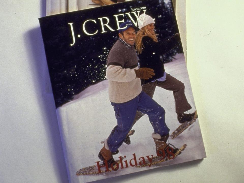 A J. Crew catalog from 1998 shows two people snowshoeing