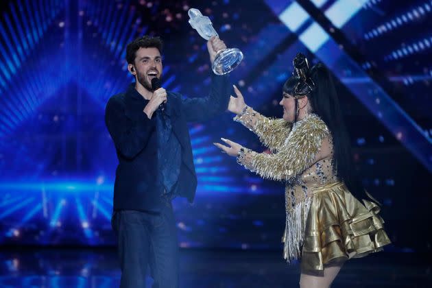 Israel's Netta and The Netherlands' Duncan Laurence on stage in Tel Aviv in 2019