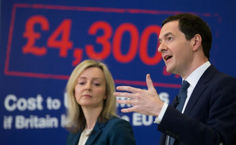 British Chancellor of the Exchequer George Osborne (R), flanked by Environment Secretary Liz Truss, outlines the costs of 'Brexit', on April 18, 2016 in Bristol