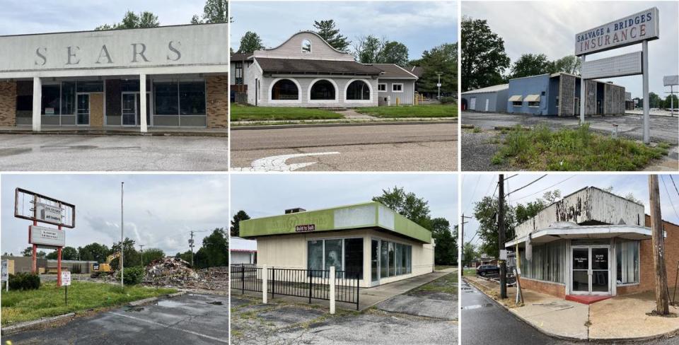 These 2023 file photos show some of the vacant, derelict and burned buildings in the vicinity of Bellevue Park Plaza at West Main Street and North Belt West in Belleville.