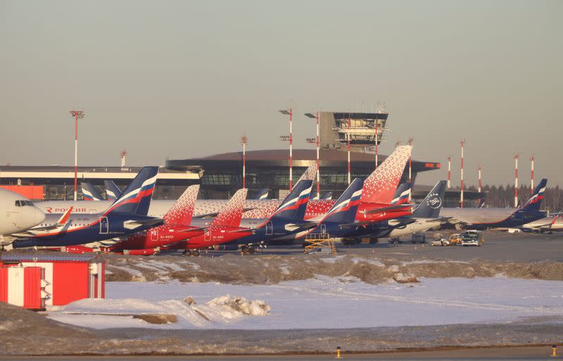 Planes are parked at Sheremetyevo International Airport in Moscow