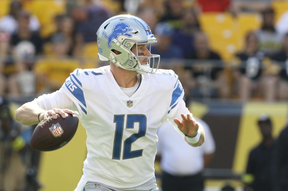 Aug 28, 2022; Pittsburgh, Pennsylvania, USA;  Detroit Lions quarterback Tim Boyle (12) looks to pass against the Pittsburgh Steelers during the first quarter at Acrisure Stadium.