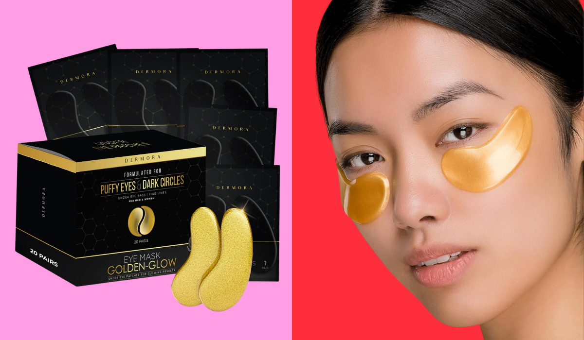 a pack of gold eye masks / someone wearing the gold under-eye masks