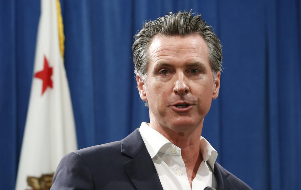 Gov. Gavin Newsom answers a question concerning his announcement that California will spend $20 million on a public awareness campaign about the dangers of vaping nicotine and cannabis products amid a rise in vaping-related illnesses, during a news conference in Sacramento, Calif., Monday, Sept. 16, 2019. (AP Photo/Rich Pedroncelli)