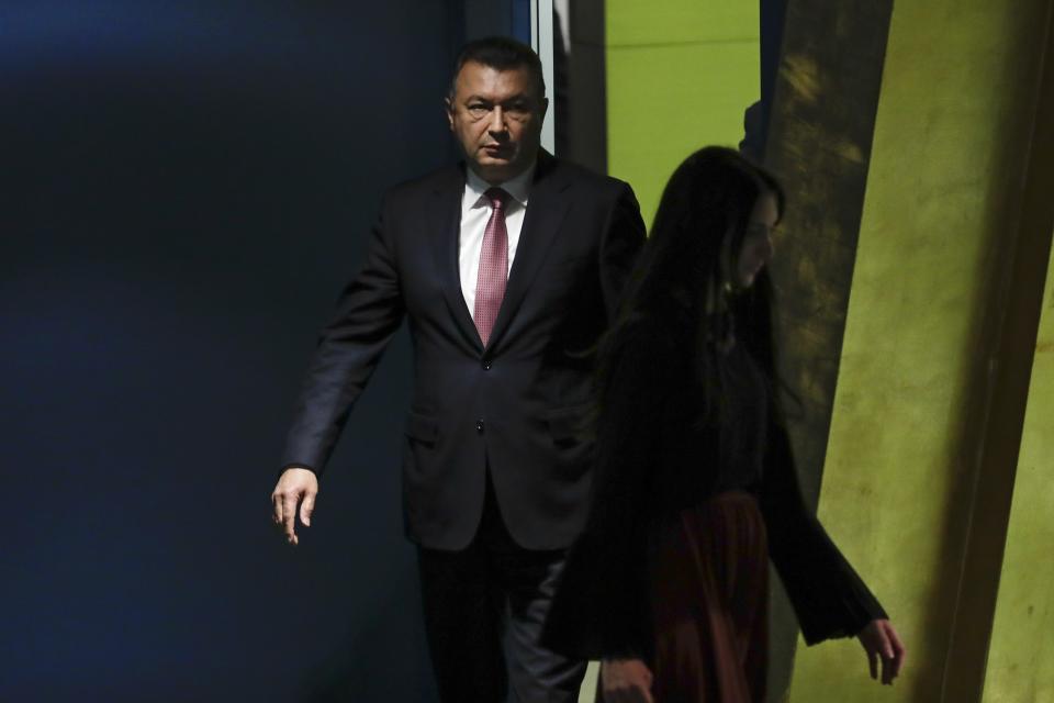 Prime Minister for Tajikistan Qohir Rasulzoda arrives to address the 74th session of the United Nations General Assembly, Friday, Sept. 27, 2019, at the United Nations headquarters. (AP Photo/Frank Franklin II)