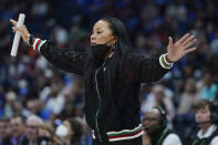 South Carolina head coach Dawn Staley watches the action in the first half of the NCAA women's college basketball Southeastern Conference tournament championship game against Kentucky Sunday, March 6, 2022, in Nashville, Tenn. (AP Photo/Mark Humphrey)