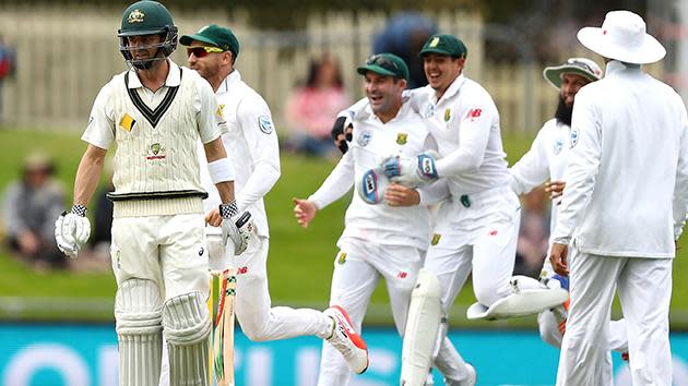 Debutant Callum Ferguson follows in similar fashion to Voges, having attempted to sway out of the way of the ball only for the delivery to jag in and catch his glove on the way through to the slips. Australia 5-140.