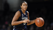 FILE - In this Nov. 13, 2019, file photo, Connecticut forward Megan Walker (3) plays against Vanderbilt during the second half of an NCAA college basketball game in Nashville, Tenn. Walker was selected to The Associated Press women's All-America first team, Thursday, March 19, 2020. (AP Photo/Mark Zaleski, File)