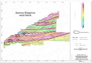 TMI (total magnetic intensity) of the Sammy Ridgeline West Block overlain by 1st and 2nd order structures and the 5 exploration targets generated by a detailed study. Note that Clean Air Metals’ Thunder Bay North project lies directly to the east of this block.