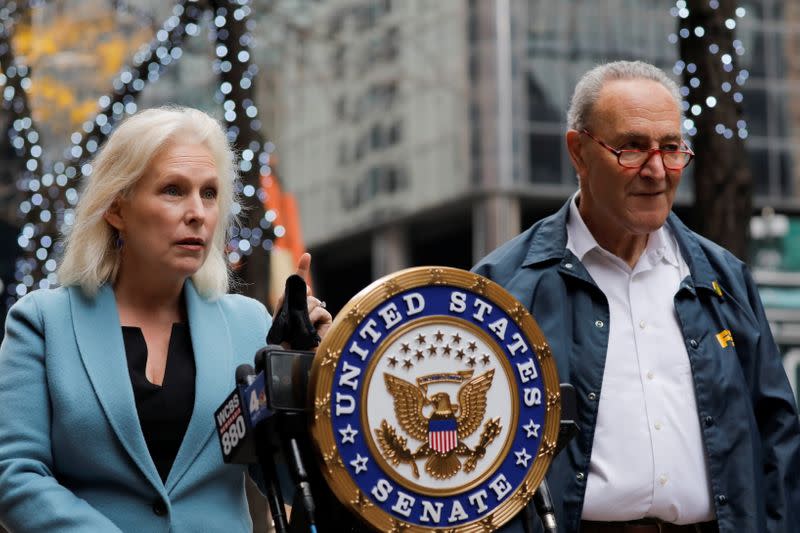 U.S. Senator Chuck Schumer and U.S Senator Kirsten Gillibrand deliver remarks on the coronavirus disease