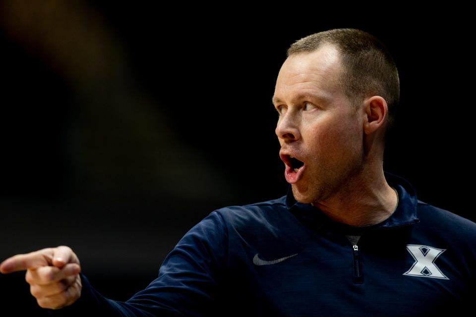 Xavier Musketeers head coach Travis Steele speaks to the referee in the second half of the NCAA men's basketball game on Friday, Jan. 7, 2022, at Hinkle Fieldhouse in Indianapolis, Ind. Xavier Musketeers defeated Butler Bulldogs 87-72.