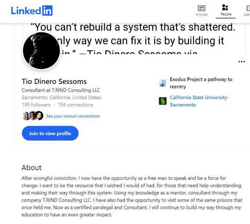The LinkedIn profile of Tio Dinero Sessoms, a Sacramento consultant whose conviction in a 1999 murder was later vacated. Prosecutors said in an indictment unsealed Friday that Sessoms faces a fentanyl charge after he allegedly sold the drug to an undercover agent.