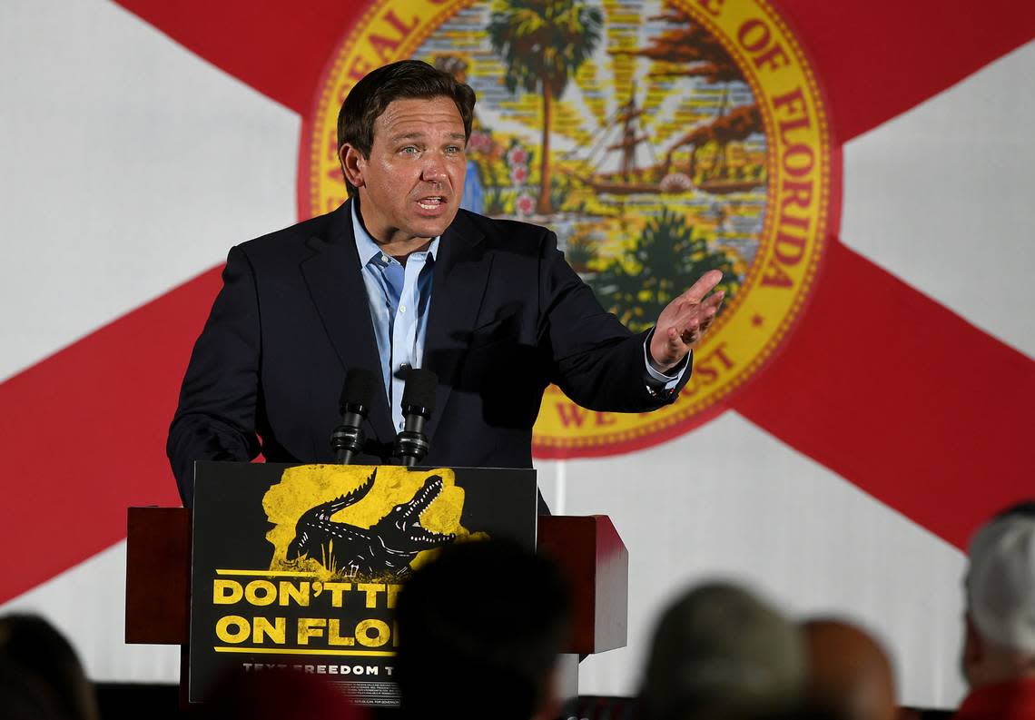 Gov. Ron DeSantis takes to the stage during his Don’t Tread on Florida Tour in Sarasota on Nov. 6 as he held rallies around the state leading up to Tuesday’s midterm election. He is running against former Gov. Charlie Crist.