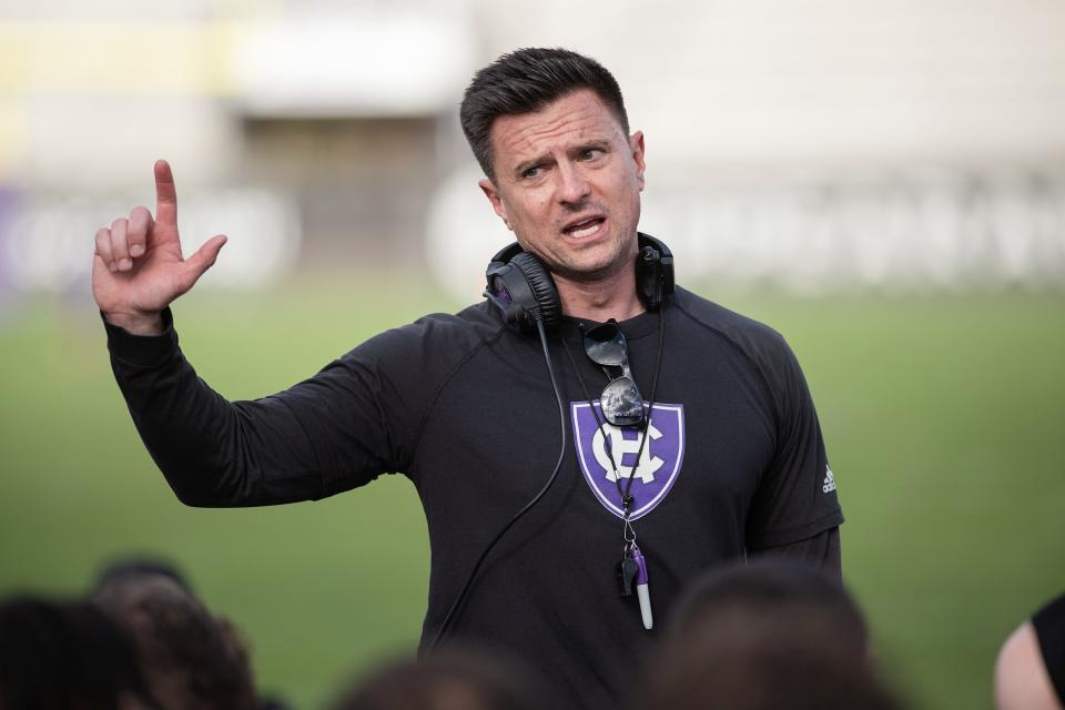 "Ultimately, it’s about what we’re about to do, not what we just did.,” Holy Cross football coach Bob Chesney, shown here during spring practice, said during Tuesday's Patriot League Virtual Media Day.