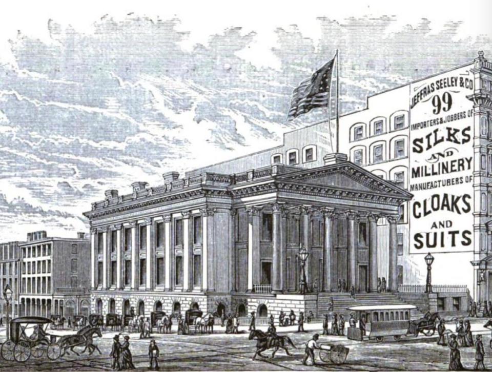 Post Office, from 'Illustrated Cincinnati' by D.J. Kenny, at Fourth and Vine streets. The building was designed by James Keys Wilson.