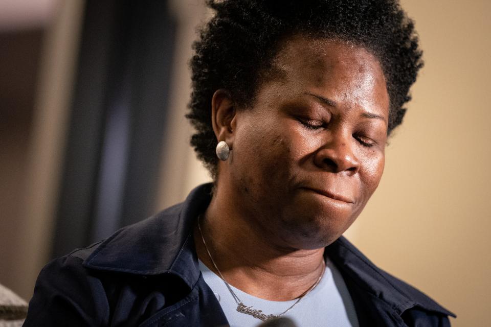 Shaundelle Brooks, mother of Waffle House shooting victim Akilah DaSilva, speaks to reporters after a verdict was issued on the fifth day of Travis Reinking’s murder trial at the Justice A.A. Birch Building in Nashville. A jury found Reinking guilty of four counts of first-degree murder in the 2018 shooting.