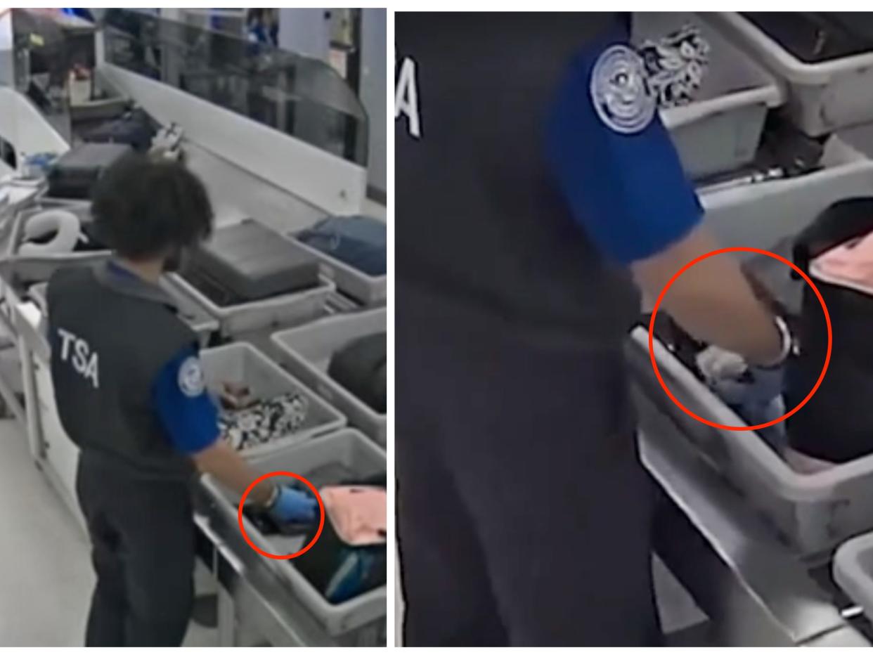 Surveillance footage appears to show a TSA agent taking something out of a passenger's luggage.