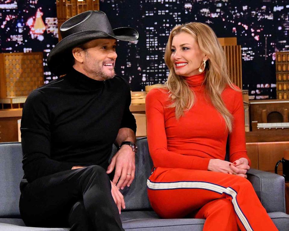 Tim McGraw (L) and wife/singer Faith Hill are interviewed on "The Tonight Show Starring Jimmy Fallon" at Rockefeller Center on November 16, 2017 in New York City
