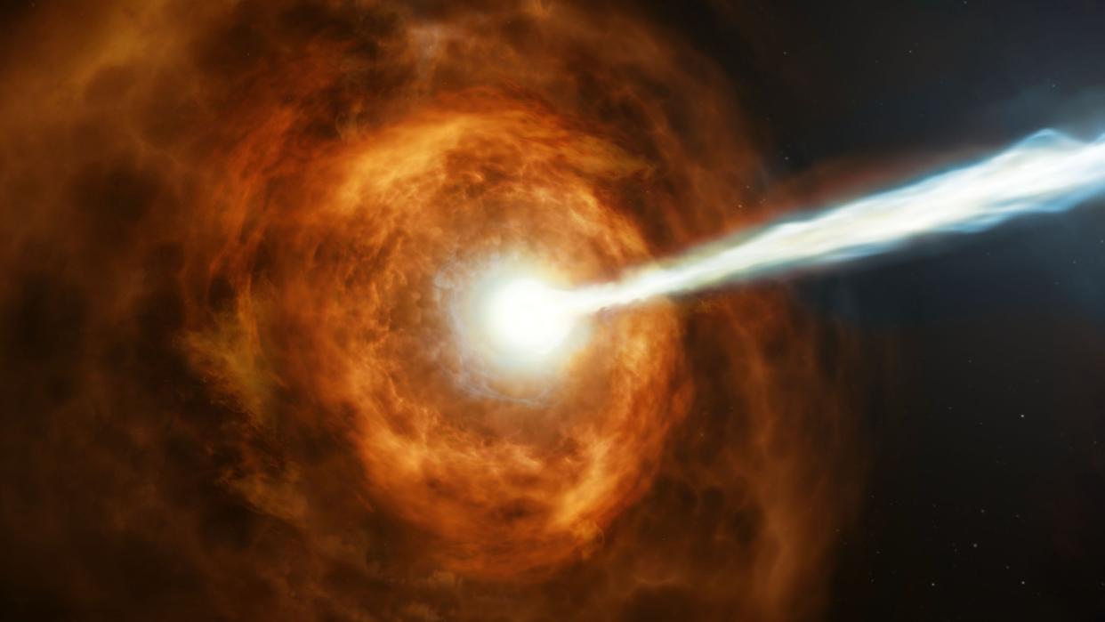  New observations from NASA's Hubble Space Telescope have investigated the nature of the powerful gamma-ray burst GRB 190114C by studying its environment. Shown in this illustration, gamma-ray bursts are the most powerful explosions in the universe. They emit most of their energy in gamma rays, light which is much more energetic than the visible light we can see with our eyes. Hubble’s observations suggest that this particular burst displayed such powerful emission because the collapsing star was sitting in a very dense environment, right in the middle of a bright galaxy 5 billion light years away. 