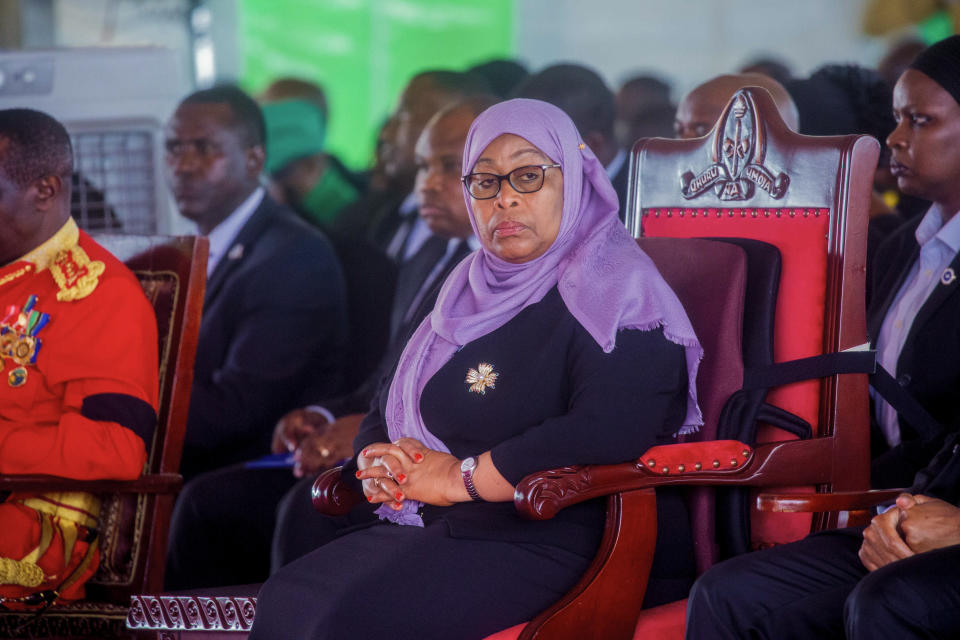 Tanzania's President Samia Suluhu Hassan attends the funeral service of former President John Magufuli in his home town of Chato, Tanzania Friday, March 26, 2021. Thousands have gathered in the northwestern town of Chato for the burial of former Tanzanian President John Magufuli whose denial of COVID-19 brought the country international criticism. (AP Photo)