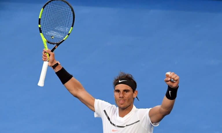 Spain's Rafael Nadal celebrates his victory over Russia's Alexander Zverev in their men's singles third round match on day six of the Australian Open tennis tournament in Melbourne on January 21, 2017