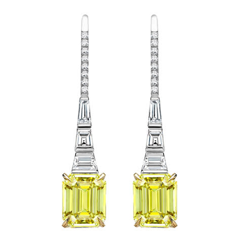 Emerald-cut Fancy Vivid yellow diamond drop earrings, £POA
