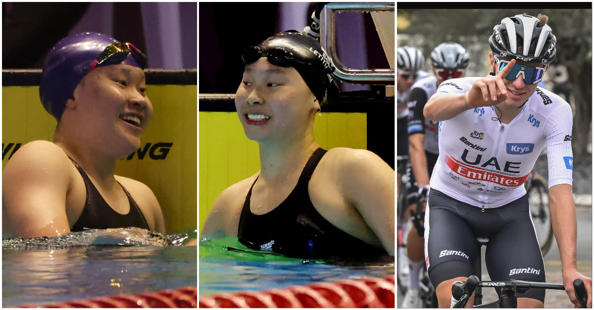 (From left) Swimming national record-breakers Gan Ching Hwee and Letitia Sim, and Tour de France winner Tadej Pogacar. (PHOTOS: Reuters/ASO/Pauline Ballet)
