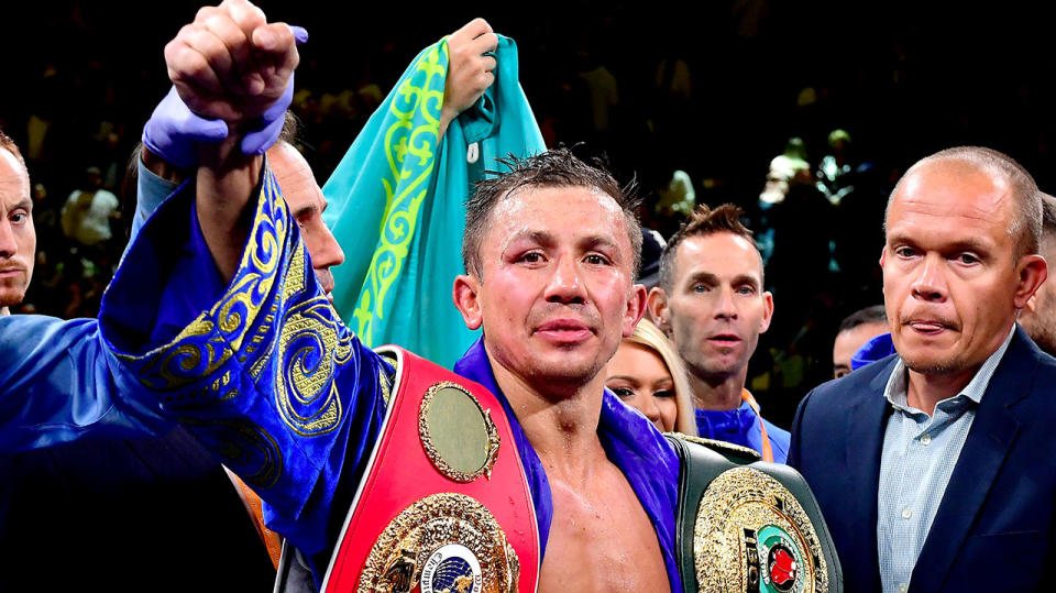 Gennady Golovkin is awarded victory in his IBF middleweight title bout against Sergiy Derevyanchenko at Madison Square Garden on October 05, 2019 in New York City. (Photo by Steven Ryan/Getty Images)