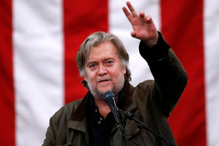 FILE PHOTO: Former White House Chief Strategist Steve Bannon speaks during a campaign rally for Republican candidate for U.S. Senate Judge Roy Moore in Midland City, Alabama, U.S., December 11, 2017. REUTERS/Jonathan Bachman/File Photo