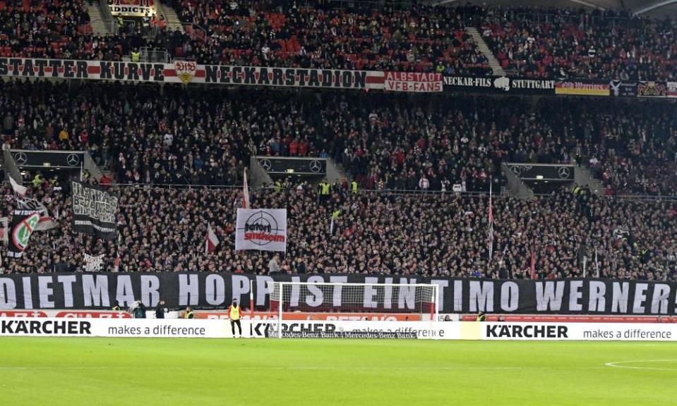 A banner earlier this year at Stuttgart equates the despised Dietmar Hopp to Timo Werner.