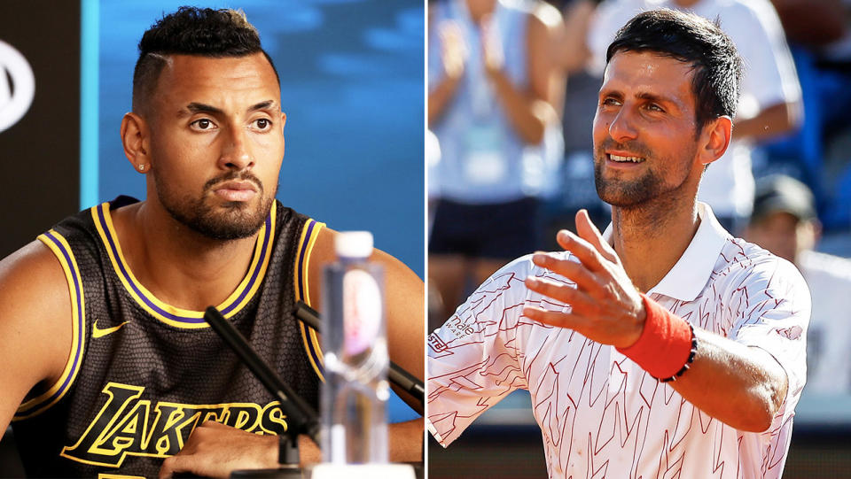 Nick Kyrgios (pictured left) has let rip at Novak Djokovic's (pictured right) Adria Tour event after a second player has tested positive for coronavirus. (Getty Images)