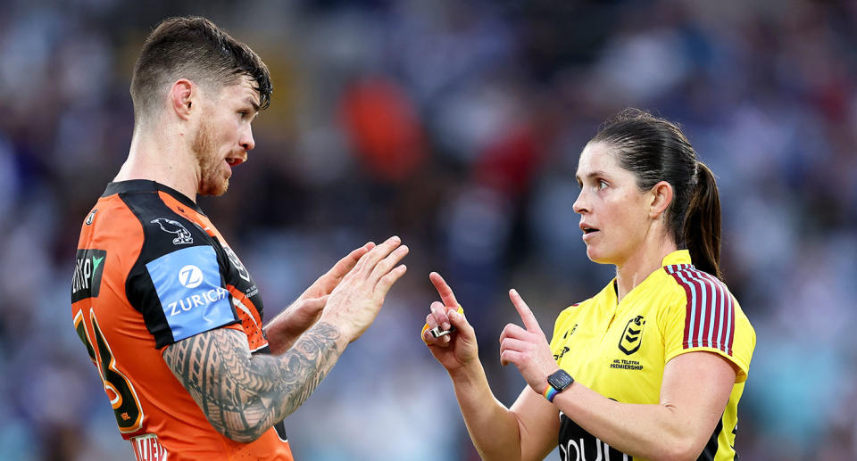 Seen here, Wests Tigers forward John Bateman in a heated conversation with NRL referee Kasey Badger.