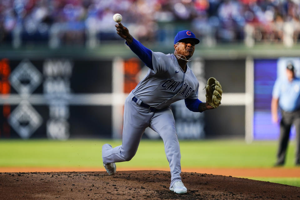 Chicago Cubs' Marcus Stroman pitches during the first inning of a baseball game against the Philadelphia Phillies, Saturday, July 23, 2022, in Philadelphia. (AP Photo/Matt Rourke)