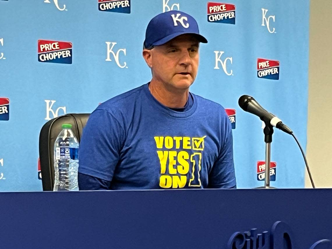Royals manager Matt Quatraro wears a “Vote Yes” T-shirt during a pre-game news conference held before KC’s season opener vs. the Twins at Kauffman Stadium on Thursday, March 28, 2024.