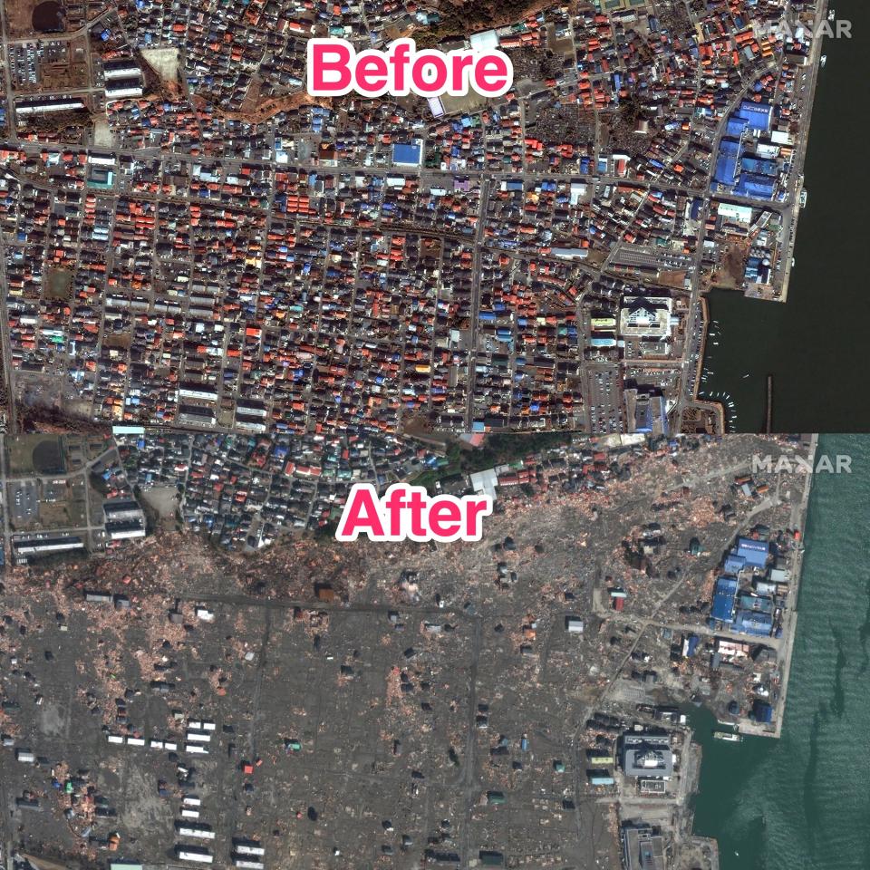 Before and after images of the 2011 Japan earthquake and tsunami with many buildings gone in Ishinomaki