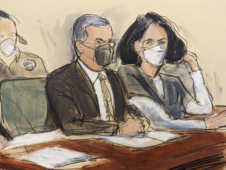 In this courtroom sketch, Ghislaine Maxwell, right, is seated beside her attorney, Christian Everdell