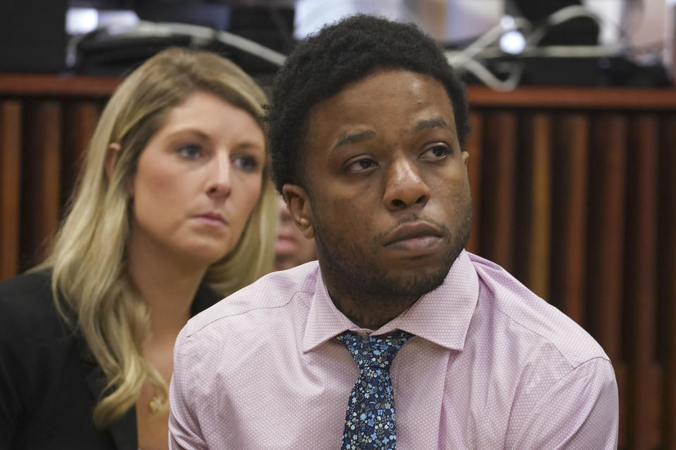 Corey Morgan appears during opening statements in his trial for the murder of 9-year-old Tyshawn Lee at the Leighton Criminal Court building in Chicago on Tuesday, Sept. 17, 2019. Morgan and Dwright Doty are on trial after being with first-degree murder in connection to the 2015 slaying. (E. Jason Wambsgans/Chicago Tribune via AP, Pool)