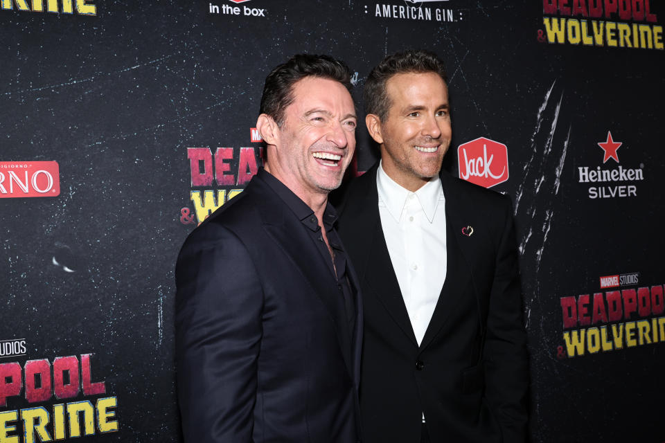 NEW YORK, NEW YORK - JULY 22: (L-R) Hugh Jackman and Ryan Reynolds attend the Deadpool & Wolverine World Premiere at the David H. Koch Theater on July 22, 2024 in New York City.  (Photo by Jamie McCarthy/Getty Images for Disney)