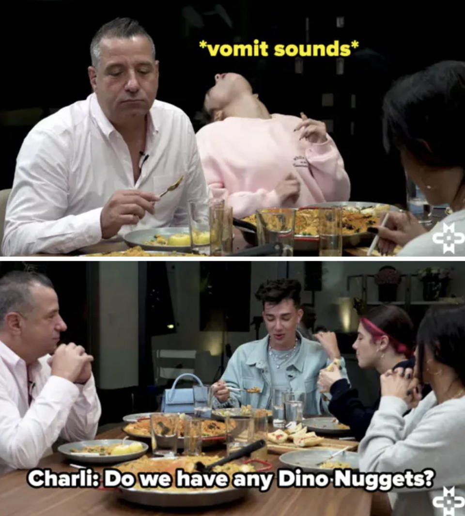 The D'Amelios sitting around a dinner table with James Charles, Dixie is throwing her head back making vomit noises, and a caption reads "Charli: Do we have any Dino Nuggets?"