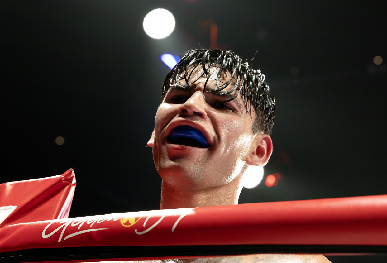 NEW YORK, NEW YORK - APRIL 20:  Ryan Garcia reacts after their WBC Super Lightweight title bout against Devin Haney at Barclays Center on April 20, 2024 in New York City.  (Photo by Al Bello/Getty Images)