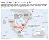 Map shows search areas for missing Malaysia Airlines jet.; 3c x 4 inches; 146 mm x 101 mm;