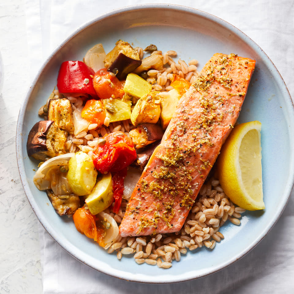 Lemon-Herb Salmon with Caponata & Farro