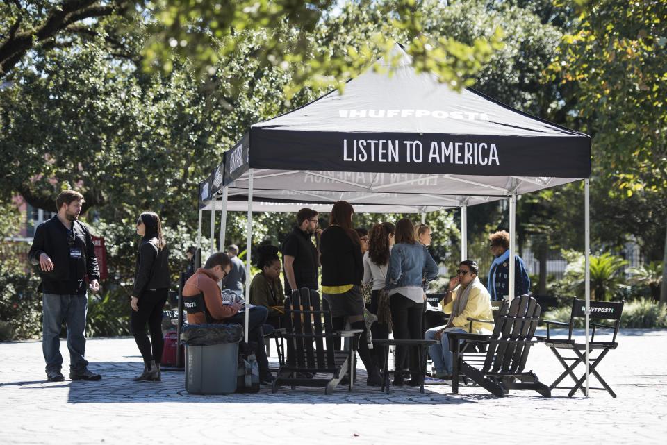 People&nbsp;arrive at&nbsp;the Listen to America tents during HuffPost's visit to New Orleans.