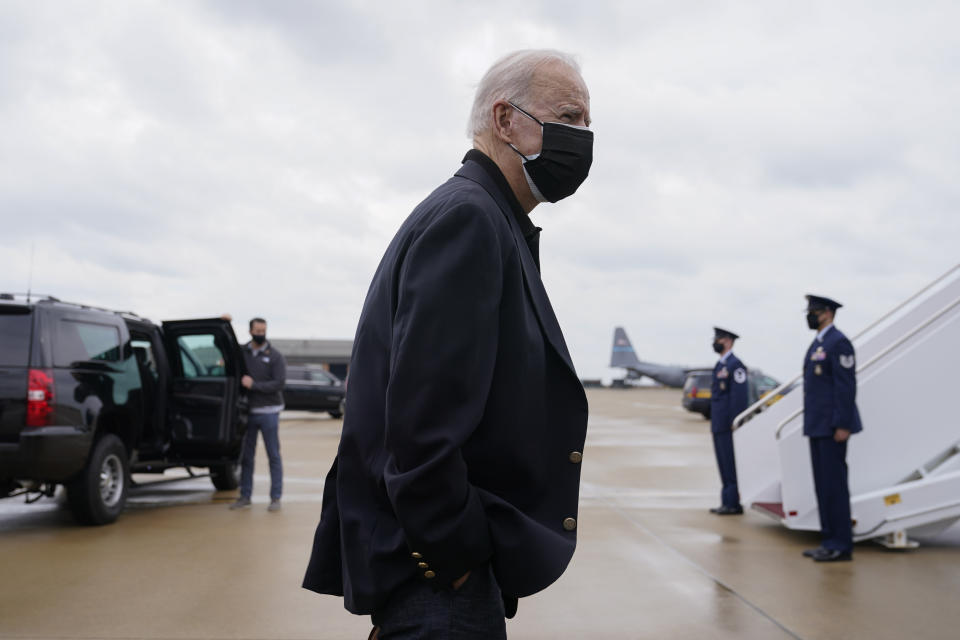 President Joe Biden speaks with members of the press before Air Force One at Delaware Air National Guard Base in New Castle, Del., Sunday, March 28, 2021. Biden is returning to Washington after spending the weekend at his home in Delaware. (AP Photo/Patrick Semansky)