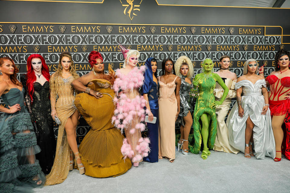 LOS ANGELES, CALIFORNIA - JANUARY 15: (L-R) Sasha Colby, Spice, Sugar, Malaysia Babydoll Foxx, Irene Dubois, Robin Fierce, Luxx Noir London, Jax, Princess Poppy, Marcia Marcia Marcia, Aura Mayari, and Salina EsTitties attend the 75th Primetime Emmy Awards at Peacock Theater on January 15, 2024 in Los Angeles, California. (Photo by Neilson Barnard/Getty Images)