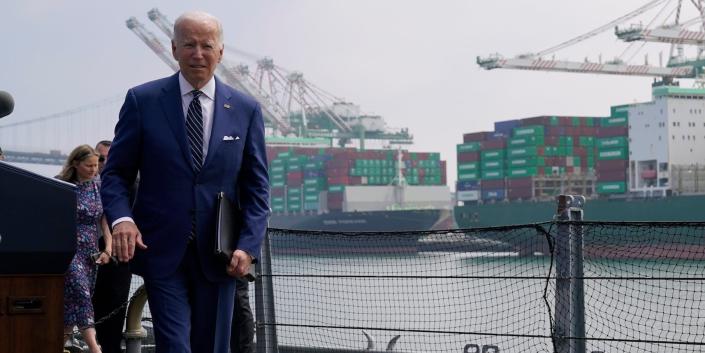 Joe Biden walks to the podium during an event at the Port of Los Angeles