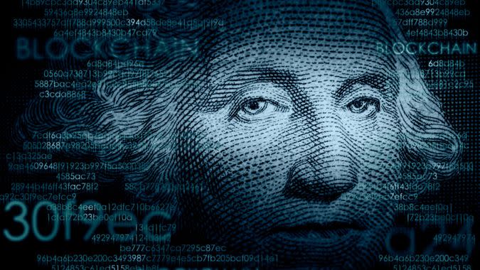 George Washington on dollar bill with blockchain code