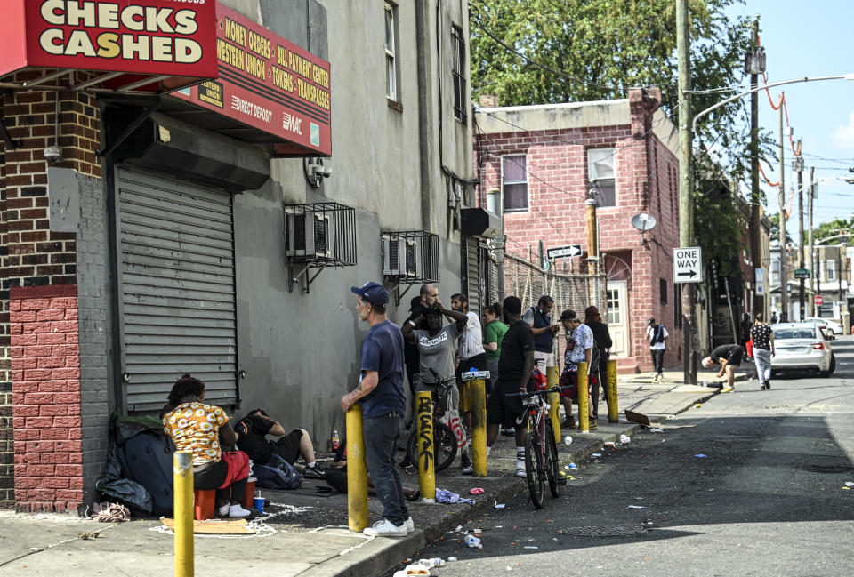 PHILADELPHIA, PENNSYLVANIA - JULY 06: Homeless people are seen on streets of the Kensington neighborhood as homelessness and drug addiction hit Philadelphia in Pennsylvania, United States on July 06, 2023. Many openly inject opioids into their hands, arms and necks. (Photo by Fatih Aktas/Anadolu Agency via Getty Images)