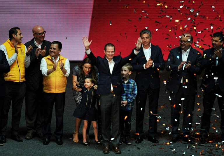 Ricardo Anaya waves to the crowd during the official announcement of his presidential candidacy on February 18, 2018 in Mexico City